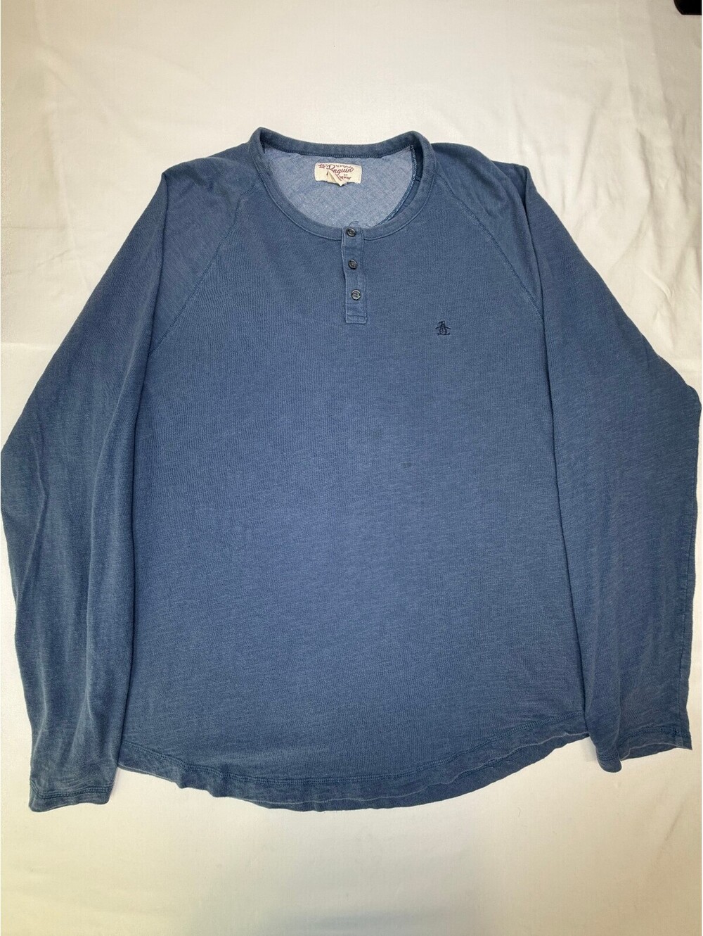 Penguin Men's Long Sleeve Henley Shirt Raglan Sleeve Logo Cotton Size XXL Blue